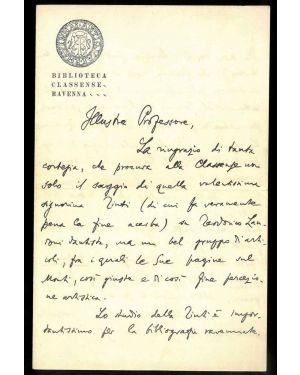 Lettera su carta intestata con logo Biblioteca Classense Ravenna  "Illustre Professore". Ravenna, 13 febbraio 1931- IX