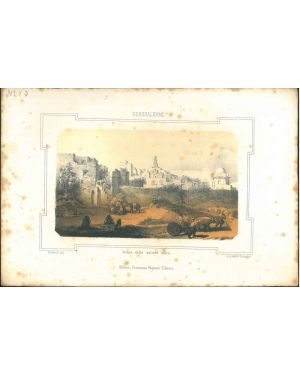 Litografia di veduta delle antiche mura di Gerusalemme