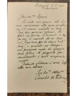 Lettera in ordinata scrittura con firma,  ringraziamento al donatore bolognese per un invio librario