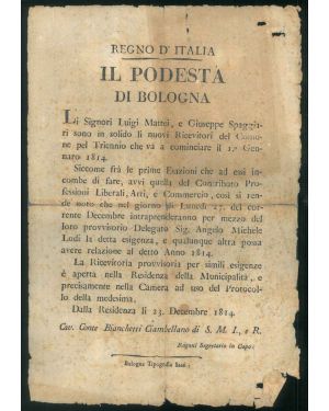 Bando di incarico a due ricevitori del Comune di Bologna. Dalla Residenza li 23 Decembre 1814 