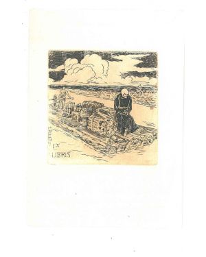 Ex libris inciso in rame "La morte in viaggio su una zattera sul fiume"