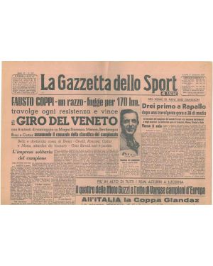 La Gazzetta dello Sport. Anno 51°, n. 207 del 1 settembre 1947. Coppi, un razzo, fugge per 170 km Vince il Giro del Veneto