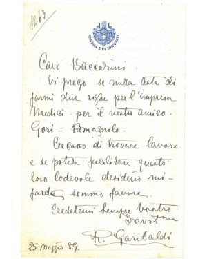Lettera su carta intestata con stemma, della Camera dei Deputati, datata 9 maggio 89 (1889). 