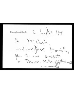Biglietto intestato manoscritto di Marcello Abbado con affettuoso messaggio al pianista Michele...