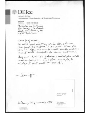 Lettera autografa dell'architetto Gianluca Sgalippa al prof. Pierluigi Giordani di Bologna