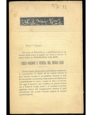 Promozione editoriale di pubblicazione di un nuovo lavoro di Ferdinando Galanti: Carlo Goldoni e Venezia nel secolo XVIII