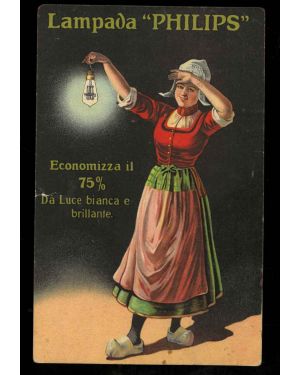 Cartolina scritta e viaggiata, illustrata a colori, con pubblicità Lampada "Philips"