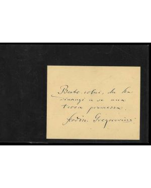 Cartoncino con tre righe manoscritte e firma: "Beato colui, che ha dinnanzi a se una terra promessa"