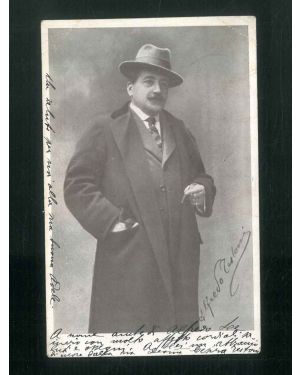 Cartolina con ritratto di Alfredo Testoni e firma a stampa inviata dalla moglie da Casalecchio a Montecatini. 13 luglio 1914