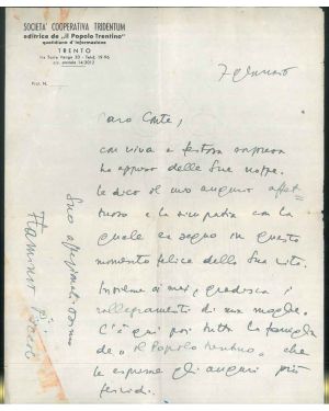 Lettera manoscritta di Flaminio Piccoli datata 7 gennaio su carta intestata Società Cooperativa Tridentum editrice de "il Popolo Trentino"