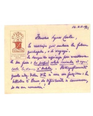 Cartolina manoscritta ai due lati con logo Libreria antiquaria Ulrico Hoepli e firma autografa. Inviata ad un bibliofilo