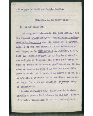 Lettera all'editore e tipografo Guidetti di Reggio Emilia in copia dattiloscritta datata Bologna, 10 marzo 1925