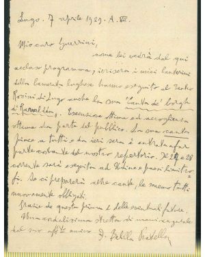  Lettera atografa di 11 righe manoscritte, datata 7 aprile 1929 A. VII,  firmata da Balilla Pratella al musicista Guido Guerrini