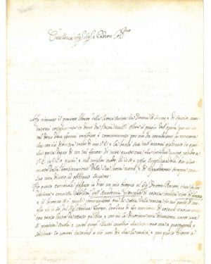Lettera manoscritta di 32 righe e firma autografa. "... si è perchè stampandosi ora la storia della nostra (Storia dell'Accademia Clementina) in cui parlo il meglio ch'io so del Signor Andrea Ferreri". Bologna 29 luglio 1739