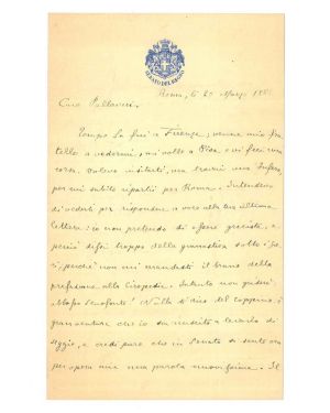 Lettera di 26 righe manoscritte su due facciate su carta intestata "Senato del Regno. Roma 20 Marzo 1888