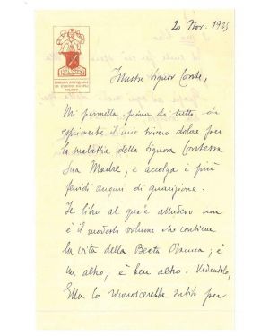 Cortese testo di 17 righe manoscritte su carta intestata con logo color ocra "Libreria antiquaria Ulrico Hoepli Milano.