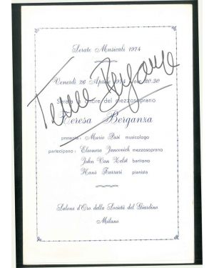 Grade autografo sul Programma di sala della serata musicale in onore del mezzosoprano Teresa Berganza